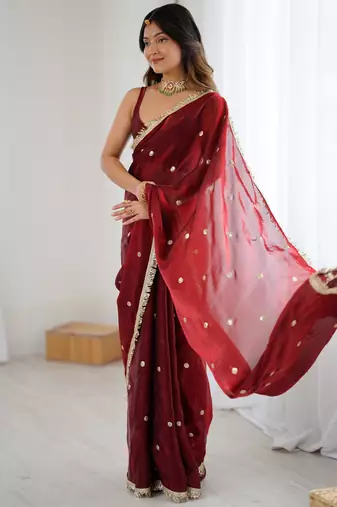 maroon fendy satin fabric trending sequins embroidered saree