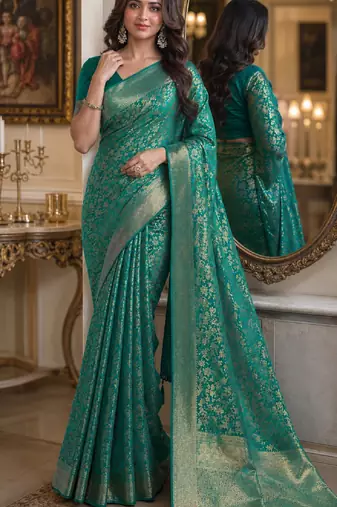 Teal green soft silk blend banarasi jacuard work festive saree with unstitched blouse piece