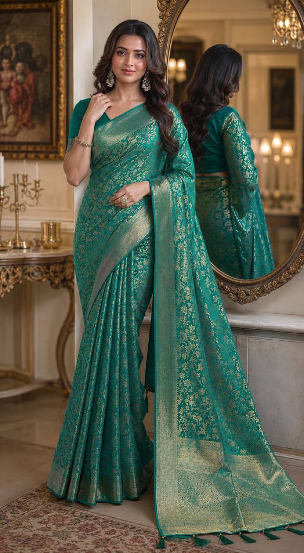 Teal green soft silk blend banarasi jacuard work festive saree with unstitched blouse piece
