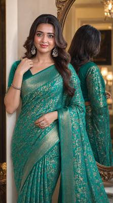 Teal green soft silk blend banarasi jacuard work festive saree with unstitched blouse piece 2