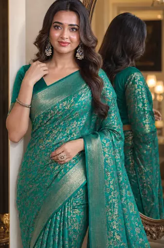 Teal green soft silk blend banarasi jacuard work festive saree with unstitched blouse piece