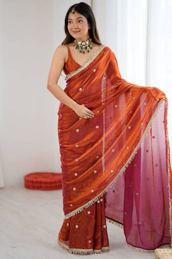 rust fendy satin fabric trending sequins embroidered saree