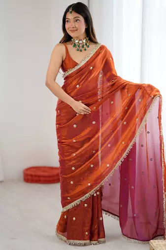 rust fendy satin fabric trending sequins embroidered saree