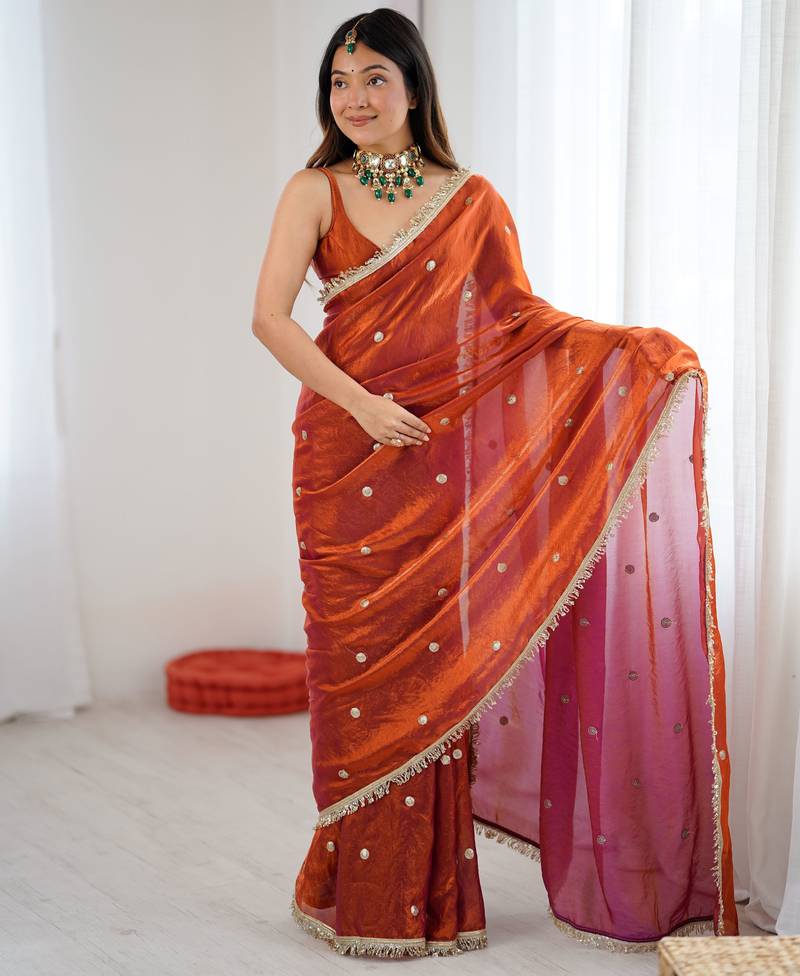 rust fendy satin fabric trending sequins embroidered saree