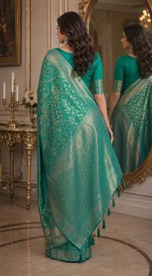 Teal green soft silk blend banarasi jacuard work festive saree with unstitched blouse piece 3