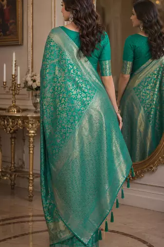 Teal green soft silk blend banarasi jacuard work festive saree with unstitched blouse piece