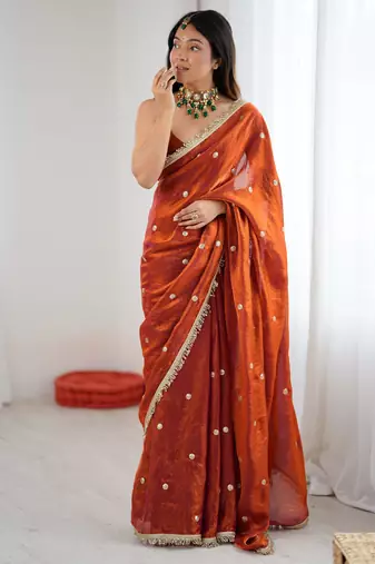 rust fendy satin fabric trending sequins embroidered saree