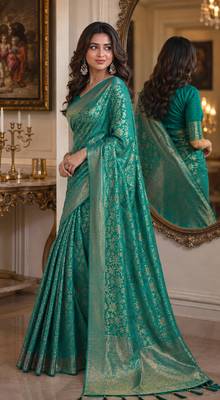 Teal green soft silk blend banarasi jacuard work festive saree with unstitched blouse piece 4