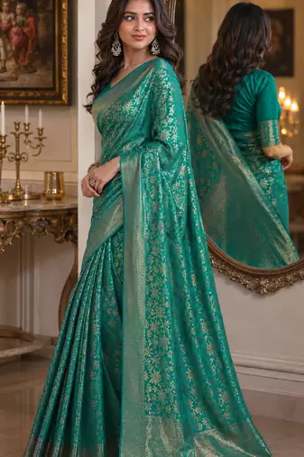 Teal green soft silk blend banarasi jacuard work festive saree with unstitched blouse piece