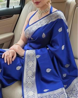 royal blue silk blend banarasi jacuard work festive saree with unstitched blouse piece 2