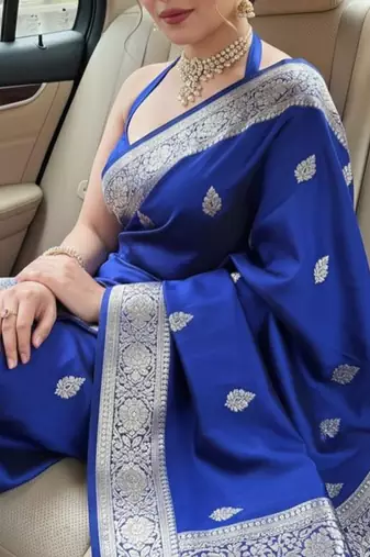 royal blue silk blend banarasi jacuard work festive saree with unstitched blouse piece