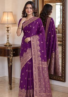 Wine soft silk blend banarasi jacuard work festive saree with unstitched blouse piece 1