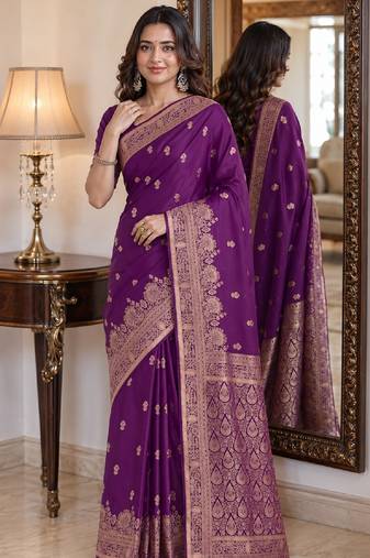Wine soft silk blend banarasi jacuard work festive saree with unstitched blouse piece
