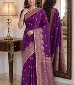 Wine soft silk blend banarasi jacuard work festive saree with unstitched blouse piece