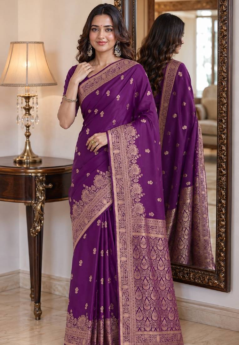 Wine soft silk blend banarasi jacuard work festive saree with unstitched blouse piece