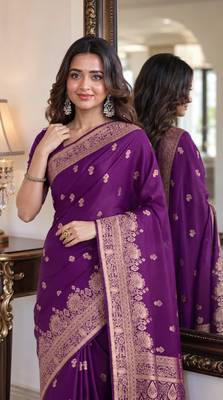 Wine soft silk blend banarasi jacuard work festive saree with unstitched blouse piece 2