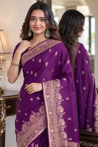 Wine soft silk blend banarasi jacuard work festive saree with unstitched blouse piece