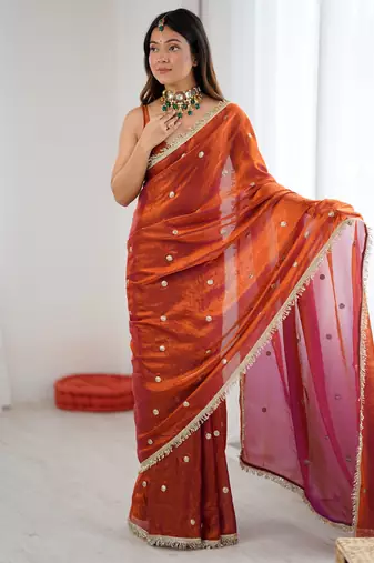 rust fendy satin fabric trending sequins embroidered saree