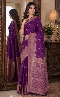 Wine soft silk blend banarasi jacuard work festive saree with unstitched blouse piece 3