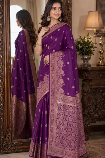 Wine soft silk blend banarasi jacuard work festive saree with unstitched blouse piece