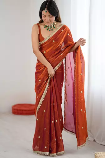rust fendy satin fabric trending sequins embroidered saree