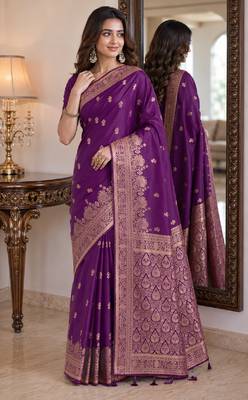 Wine soft silk blend banarasi jacuard work festive saree with unstitched blouse piece 4