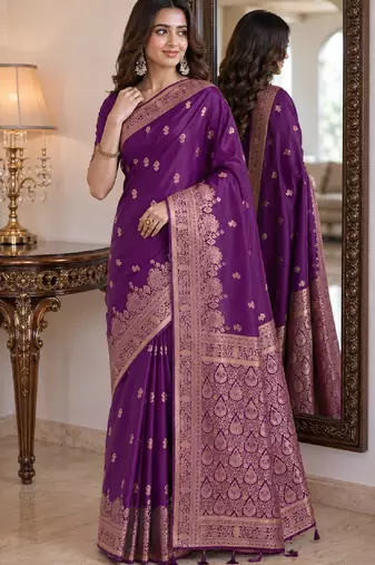 Wine soft silk blend banarasi jacuard work festive saree with unstitched blouse piece