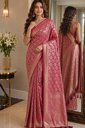 Pink soft silk blend banarasi jacuard work festive saree with unstitched blouse piece