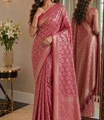 Pink soft silk blend banarasi jacuard work festive saree with unstitched blouse piece