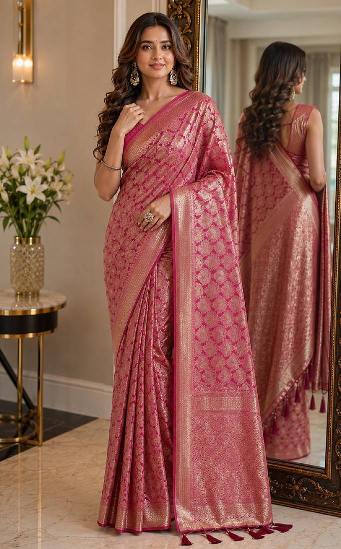 Pink soft silk blend banarasi jacuard work festive saree with unstitched blouse piece