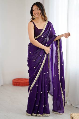 purple fendy satin fabric trending sequins embroidered saree