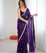 purple fendy satin fabric trending sequins embroidered saree