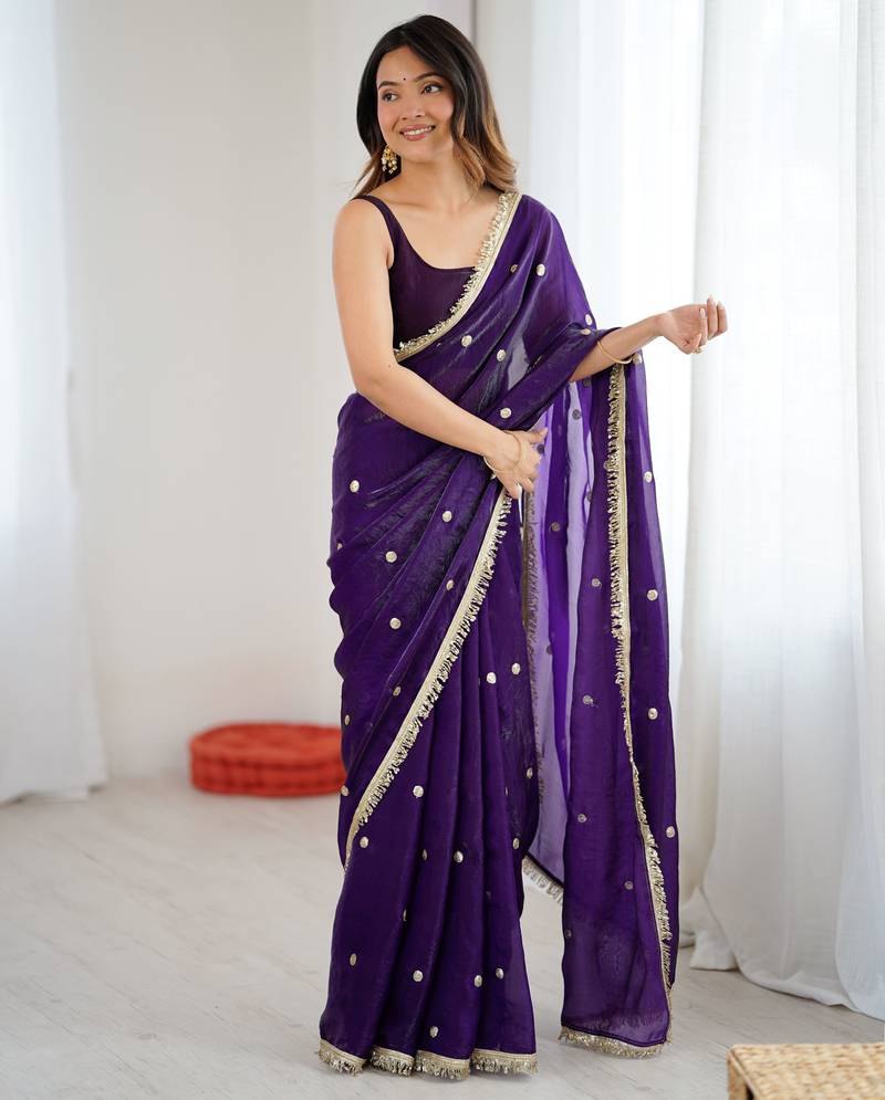 purple fendy satin fabric trending sequins embroidered saree