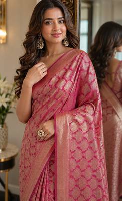 Pink soft silk blend banarasi jacuard work festive saree with unstitched blouse piece 2