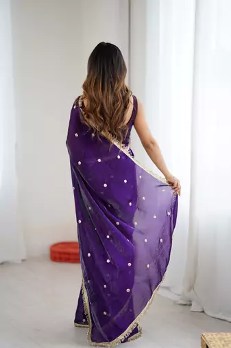 purple fendy satin fabric trending sequins embroidered saree