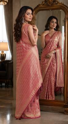 Pink soft silk blend banarasi jacuard work festive saree with unstitched blouse piece 3