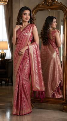 Pink soft silk blend banarasi jacuard work festive saree with unstitched blouse piece 4