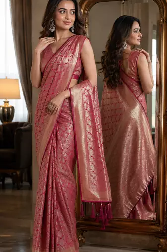 Pink soft silk blend banarasi jacuard work festive saree with unstitched blouse piece