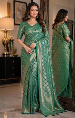 Teal green soft silk blend banarasi jacuard work festive saree with unstitched blouse piece 1