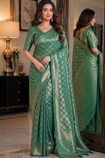 Teal green soft silk blend banarasi jacuard work festive saree with unstitched blouse piece