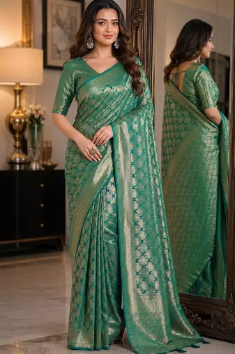 Teal green soft silk blend banarasi jacuard work festive saree with unstitched blouse piece