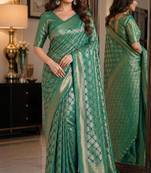 Teal green soft silk blend banarasi jacuard work festive saree with unstitched blouse piece