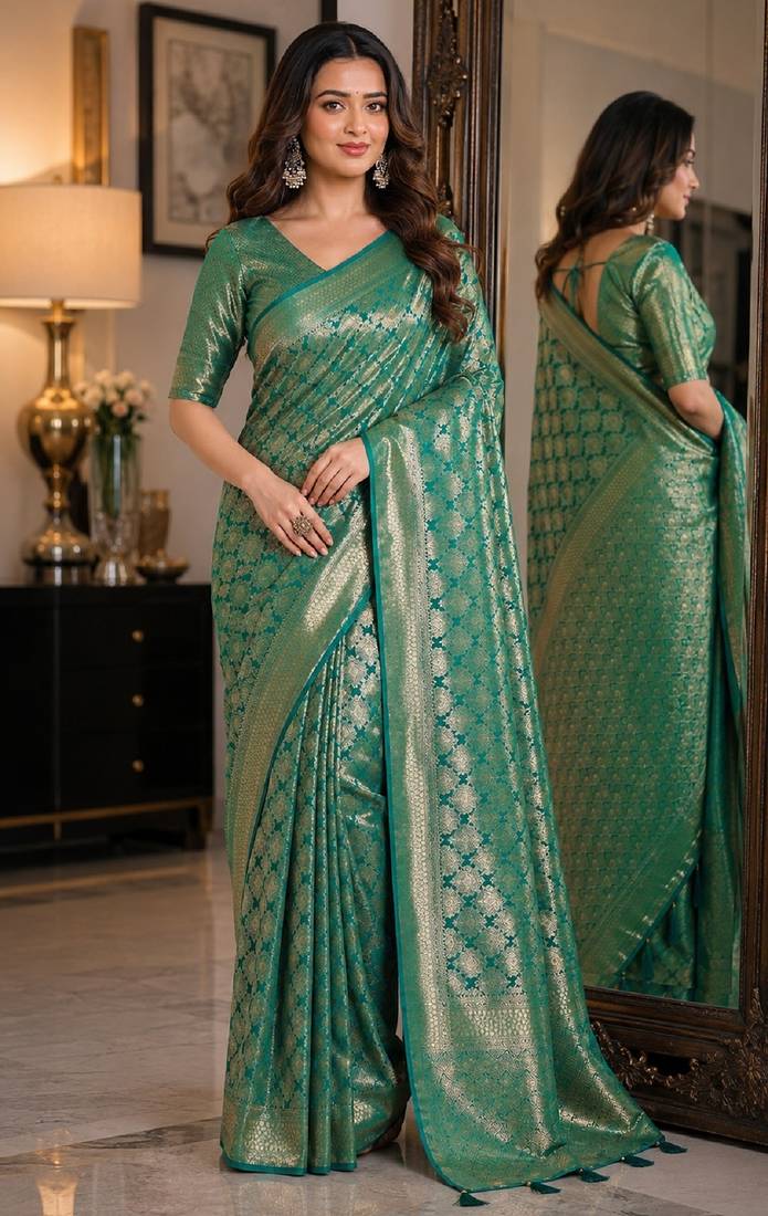 Teal green soft silk blend banarasi jacuard work festive saree with unstitched blouse piece