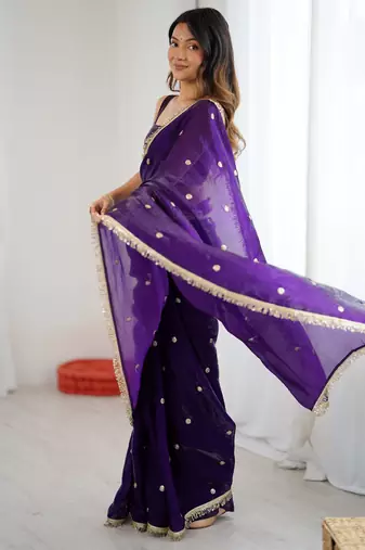 purple fendy satin fabric trending sequins embroidered saree