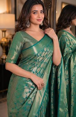 Teal green soft silk blend banarasi jacuard work festive saree with unstitched blouse piece 2