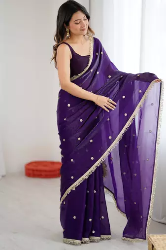 purple fendy satin fabric trending sequins embroidered saree