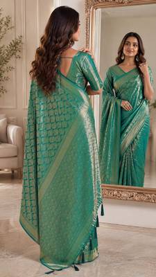 Teal green soft silk blend banarasi jacuard work festive saree with unstitched blouse piece 3