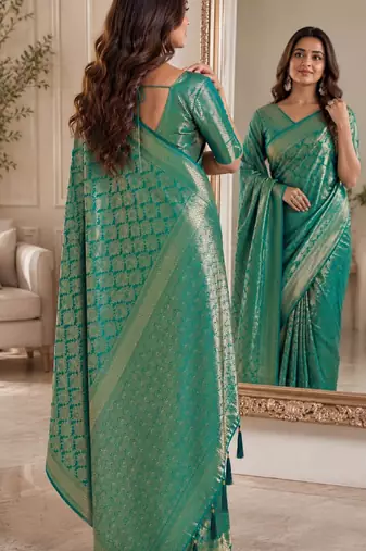 Teal green soft silk blend banarasi jacuard work festive saree with unstitched blouse piece