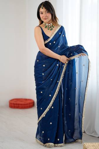 blue fendy satin fabric trending sequins embroidered saree