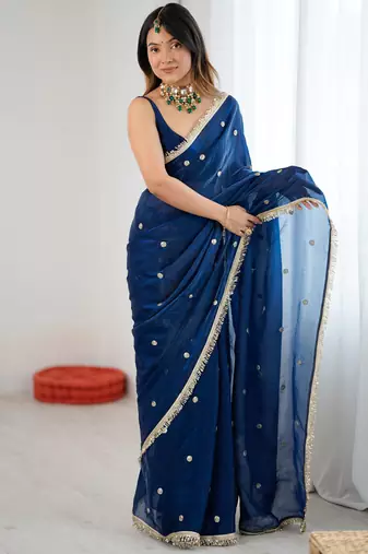 blue fendy satin fabric trending sequins embroidered saree